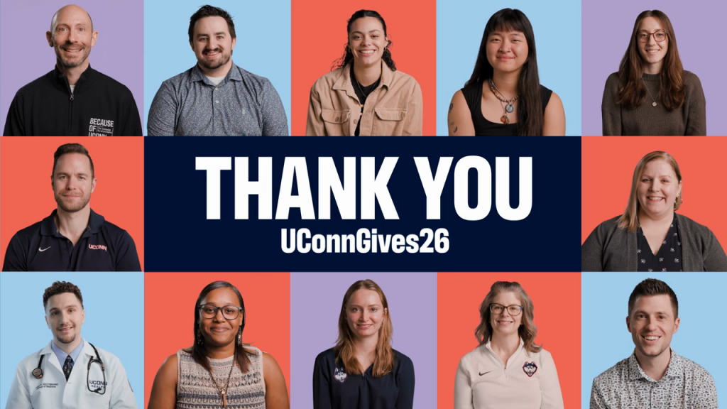 A grid featuring thumbnails of people with purple, blue, and red backgrounds, with "Thank You UConn Gives 26"