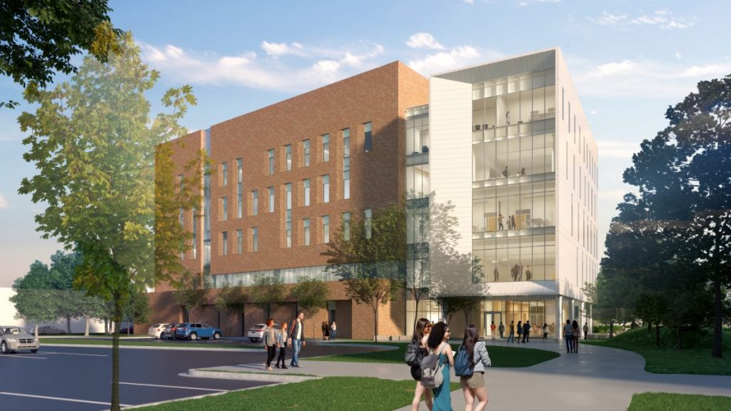 A rendered image of the exterior of DeLuca Hall