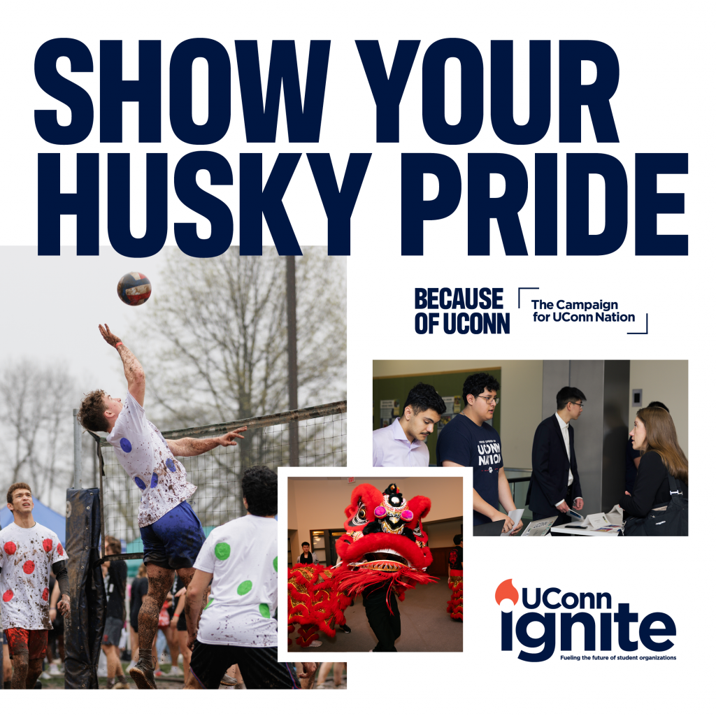 “Show Your Husky Pride” promotional graphic featuring students participating in a club fair, cultural performance, and recreational volleyball activity.