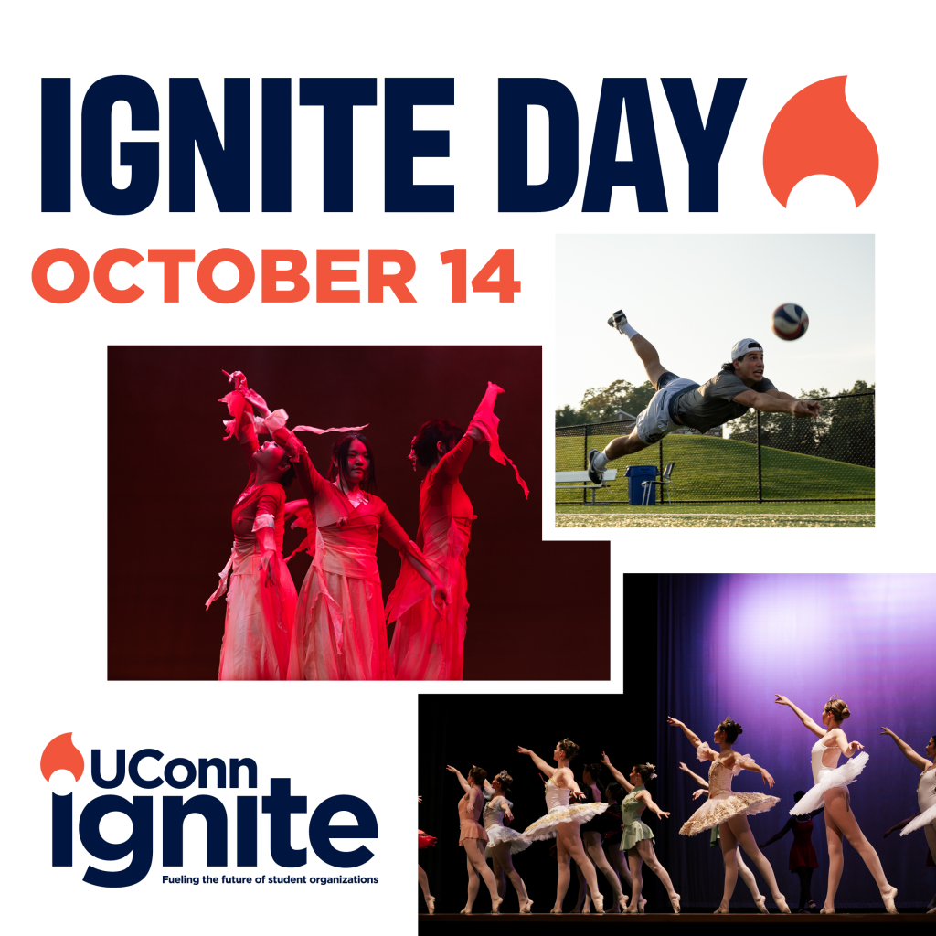 Ignite Day promotional graphic for October 14 featuring student organization activities, including dance performances and an outdoor volleyball match.