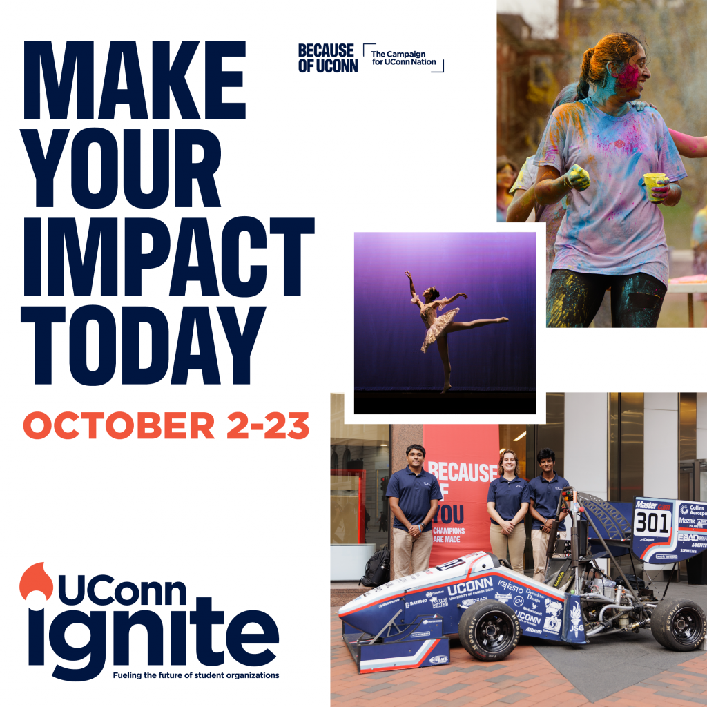 “Make Your Impact Today” promotional graphic for October 2–23 featuring student participation in performing arts, engineering projects, and campus community events.
