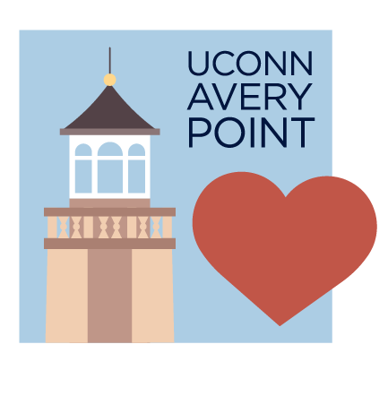 Digital sticker featuring the Avery Point lighthouse tower and a red heart with the text "UConn Avery Point."