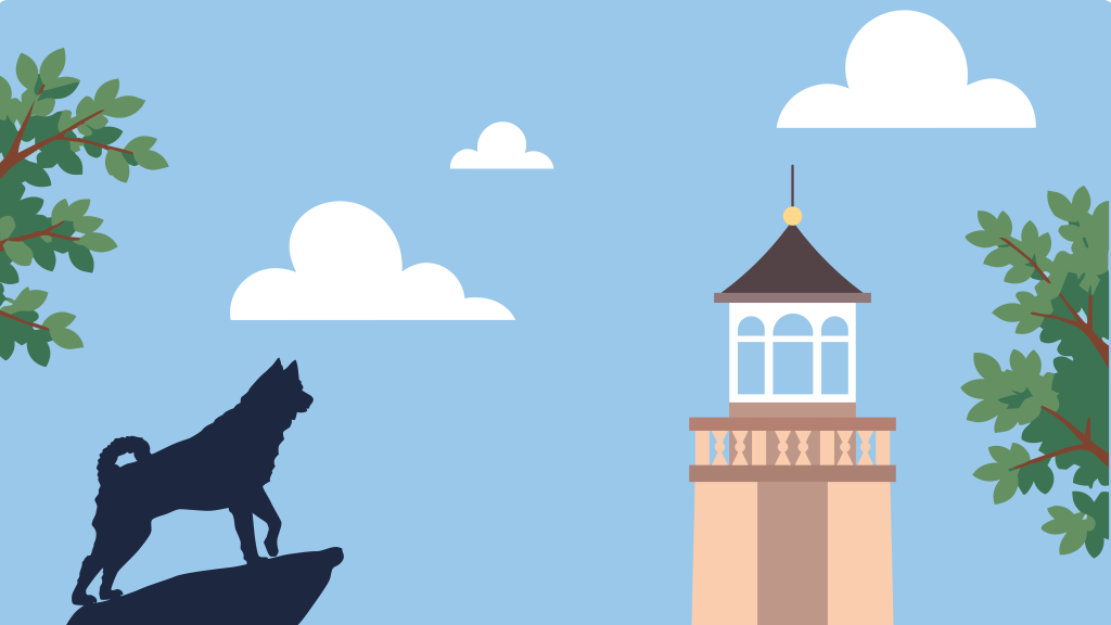 Illustration of the UConn Avery Point campus featuring the university's husky mascot statue standing on a rocky outcrop in the foreground, with the Branford House cupola visible in the background. Green tree branches frame the scene against a light blue sky with white clouds.