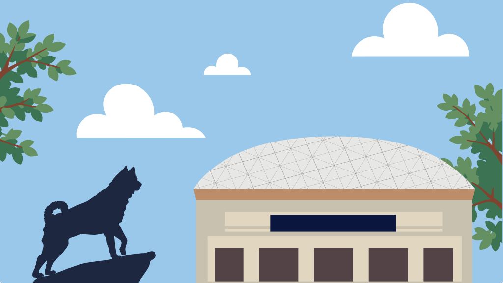 Illustration of UConn's Gampel Pavilion with the husky mascot statue standing on a rocky outcrop in the foreground. The arena's distinctive domed roof is centered in the scene, framed by green tree branches against a light blue sky with white clouds.