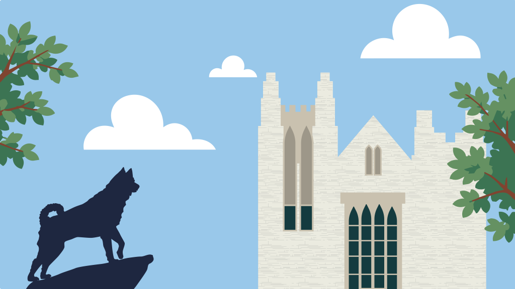 Illustration of UConn Hartford's downtown campus building with its distinctive Gothic-style stone facade and tall arched windows. A husky mascot statue stands on a rocky outcrop in the foreground, framed by green tree branches against a light blue sky with white clouds.