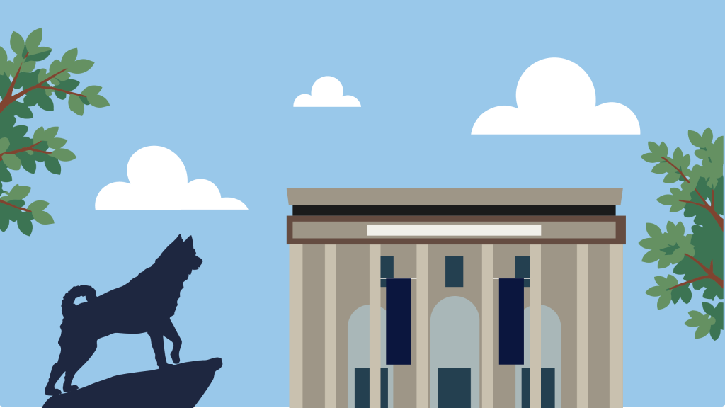 Illustration of the UConn Hartford campus featuring the historic Hartford Times building with its columned facade and banners. A husky mascot statue stands on a rocky outcrop in the foreground, framed by green tree branches against a light blue sky with white clouds.