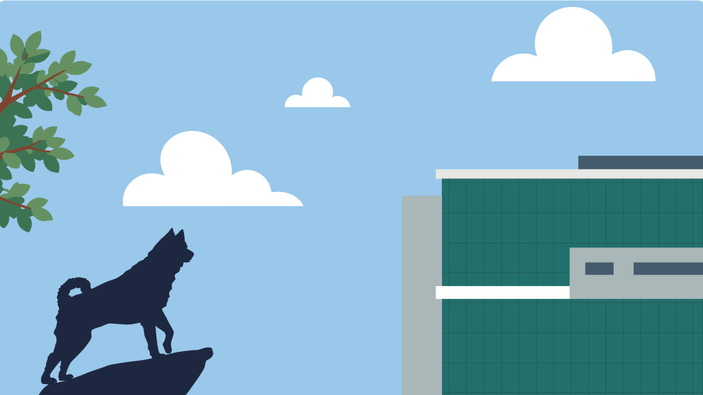 Illustration of UConn Stamford's modern campus building with a glass-front facade. A husky mascot statue stands on a rocky outcrop in the foreground, framed by green tree branches against a light blue sky with white clouds.