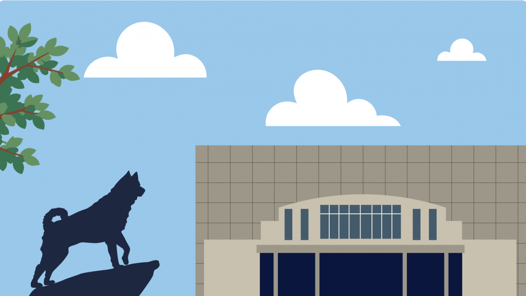 Illustration of the UConn Health campus featuring a modern medical and academic building with a large glass facade. A husky mascot statue stands on a rocky outcrop in the foreground, framed by green tree branches against a light blue sky with white clouds.