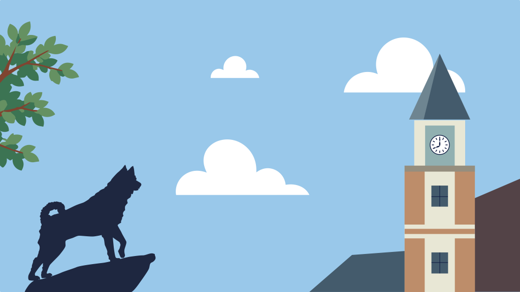 Illustration of UConn Waterbury featuring the campus clock tower and adjacent building. A husky mascot statue stands on a rocky outcrop in the foreground, framed by green tree branches against a light blue sky with white clouds.