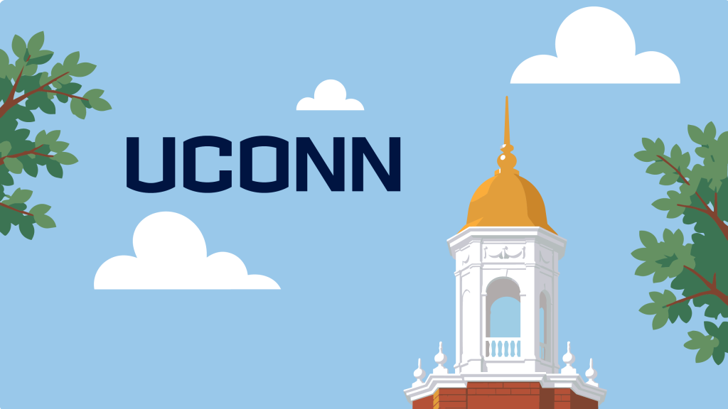 Illustration of the Wilbur Cross building at UConn Storrs, featuring its iconic white clock tower topped with a gold dome. The UConn wordmark appears beside the tower, with green tree branches framing the scene against a light blue sky with white clouds.