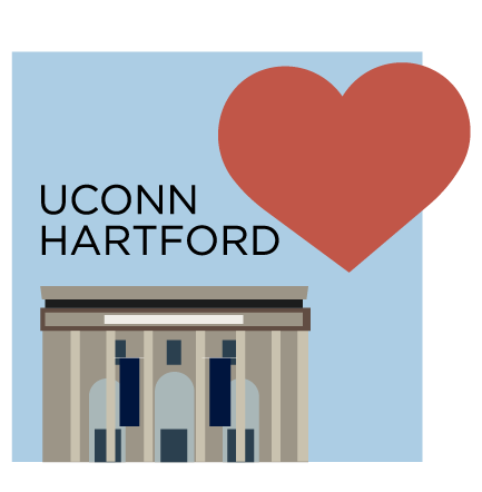 Digital sticker featuring the Hartford Times building facade and a red heart with the text "UConn Hartford."