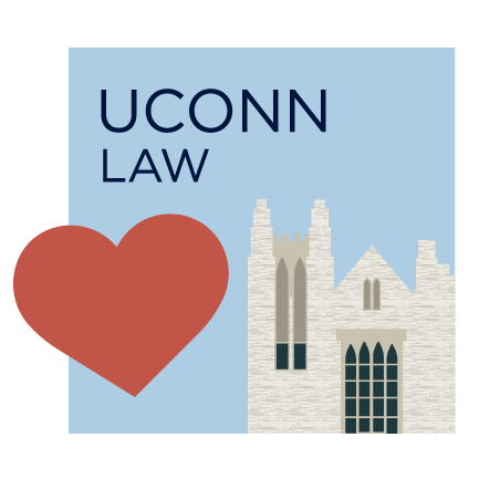 UConn Law graphic featuring a large red heart beside a stylized illustration of a campus building, with the text “UCONN LAW” on a light blue background.