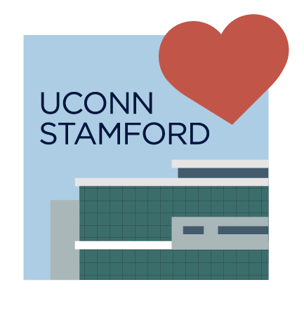 Digital sticker featuring a stylized campus building and a red heart with the text "UConn Stamford."