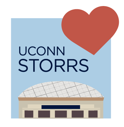 Digital sticker featuring Gampel Pavilion and a red heart with the text "UConn Storrs."