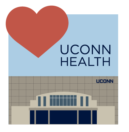 Digital sticker featuring the UConn Health campus building and a red heart with the text "UConn Health."