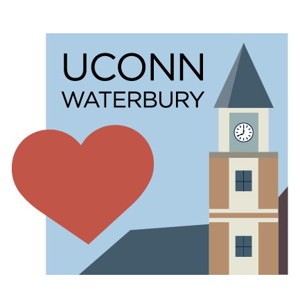 Digital sticker featuring a red heart and the UConn Waterbury campus clock tower with the text "UConn Waterbury."