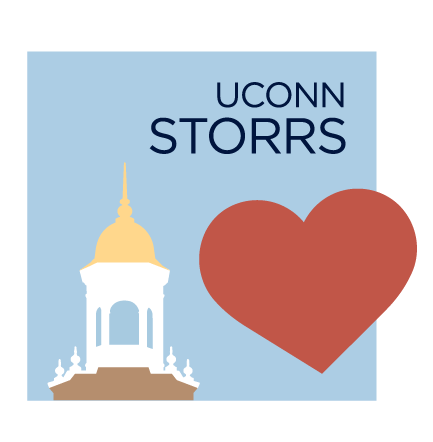 Digital sticker featuring the Wilbur Cross building cupola and a red heart with the text "UConn Storrs."