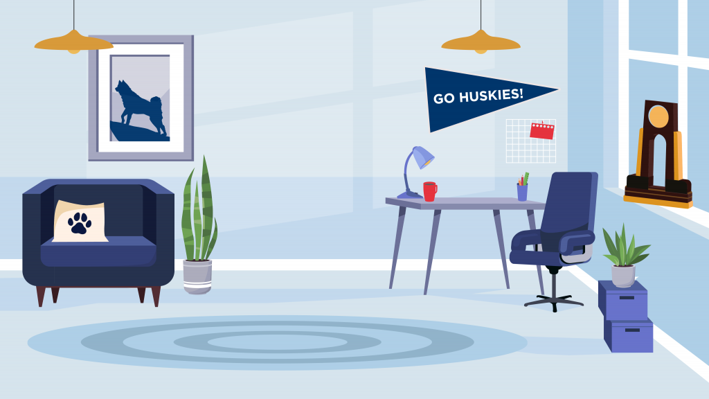 Modern home office with a desk, chair, UConn pennant, championship trophy by a window, framed Husky artwork, indoor plants, and a lounge chair with a paw-print pillow.