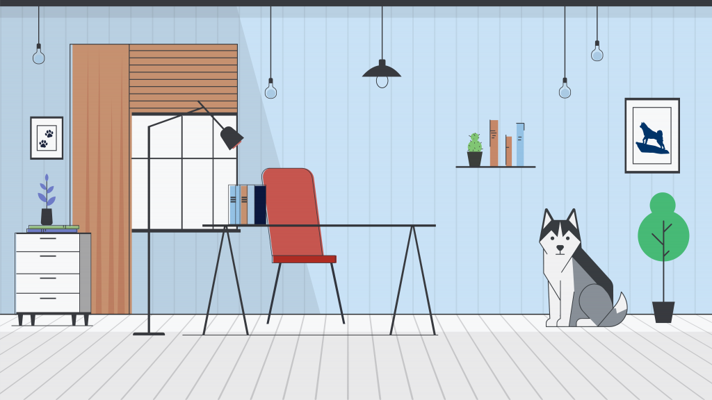 Contemporary office space with a wood accent wall, framed Jonathan Husky statue photo, large windows overlooking the UConn campus, and potted plants.