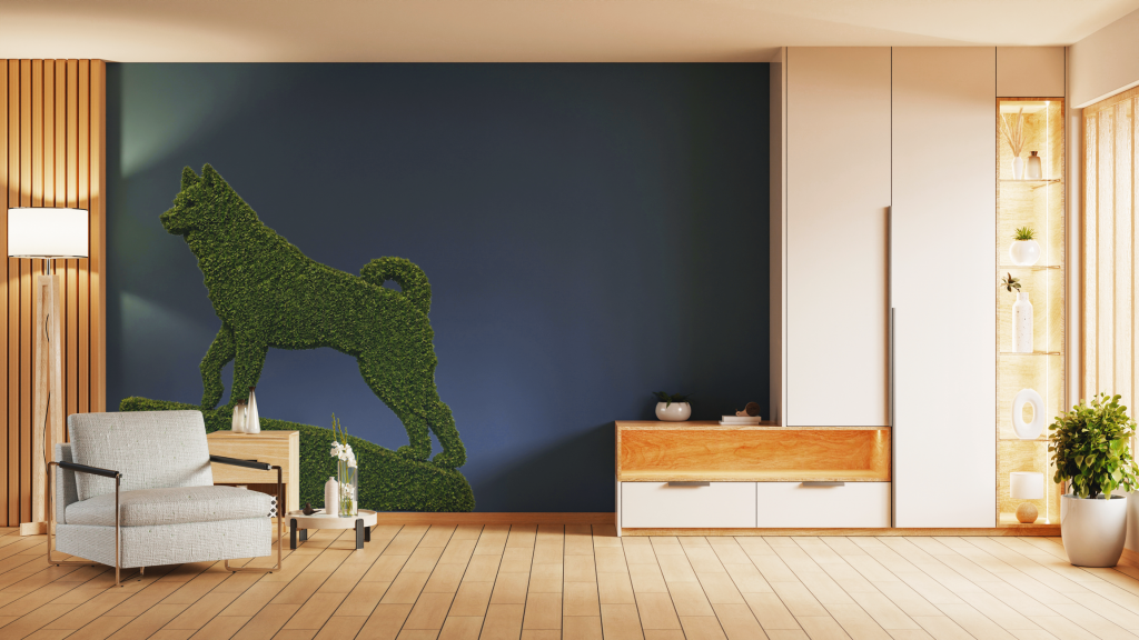 Bright modern room with a large Jonathan Husky-shaped topiary mural against a navy wall, light wood furnishings, and decorative shelving.