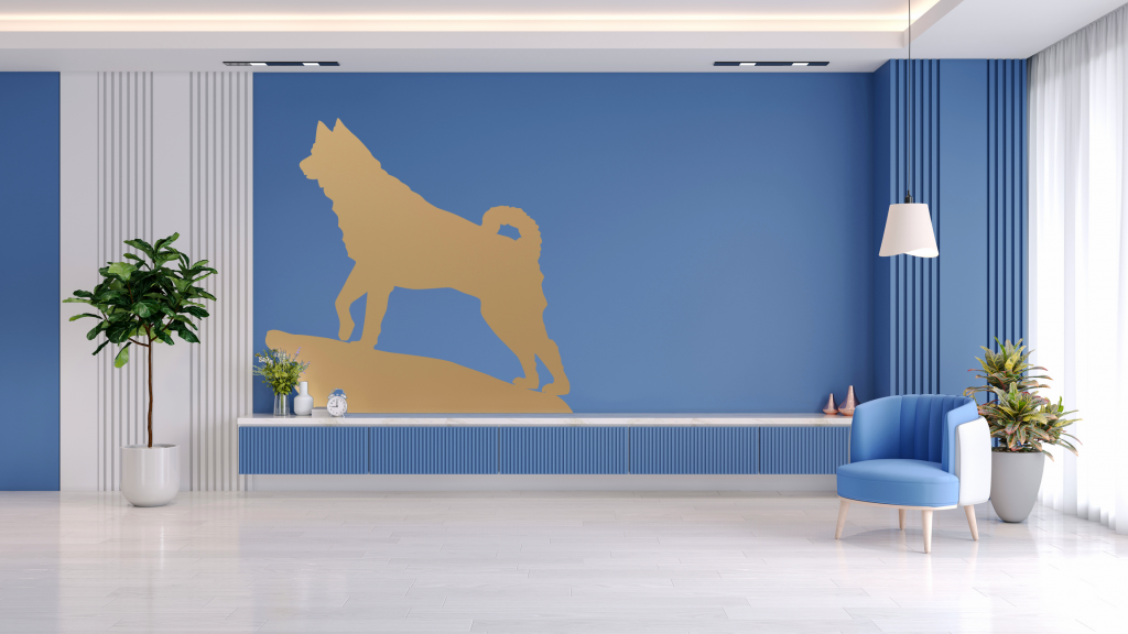 Modern blue and white office with a large gold Jonathan Husky silhouette wall graphic, indoor plants, built-in seating, and a blue accent chair.
