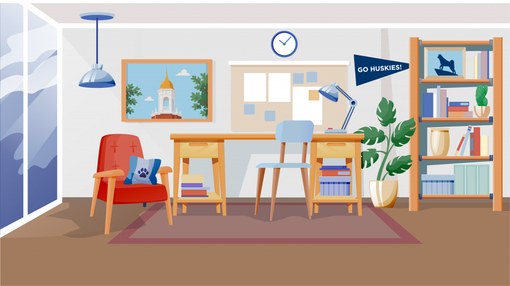 Cozy workspace with a desk, bookshelves, plants, a UConn pennant, framed Wilbur Cross Building artwork, and a red armchair with a paw-print pillow.